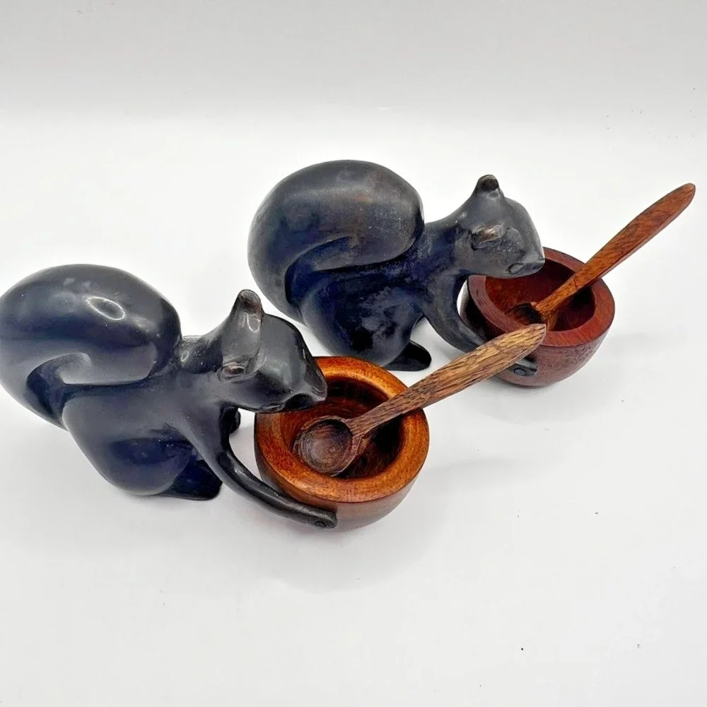 2 Pottery Barn Salt Server Cellar Squirrel Mini Wood Serving Spoon Cast Iron